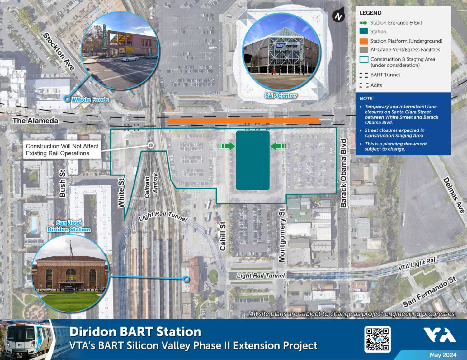 An aerial map of Diridon Station outlining several important landmarks and current/future development.