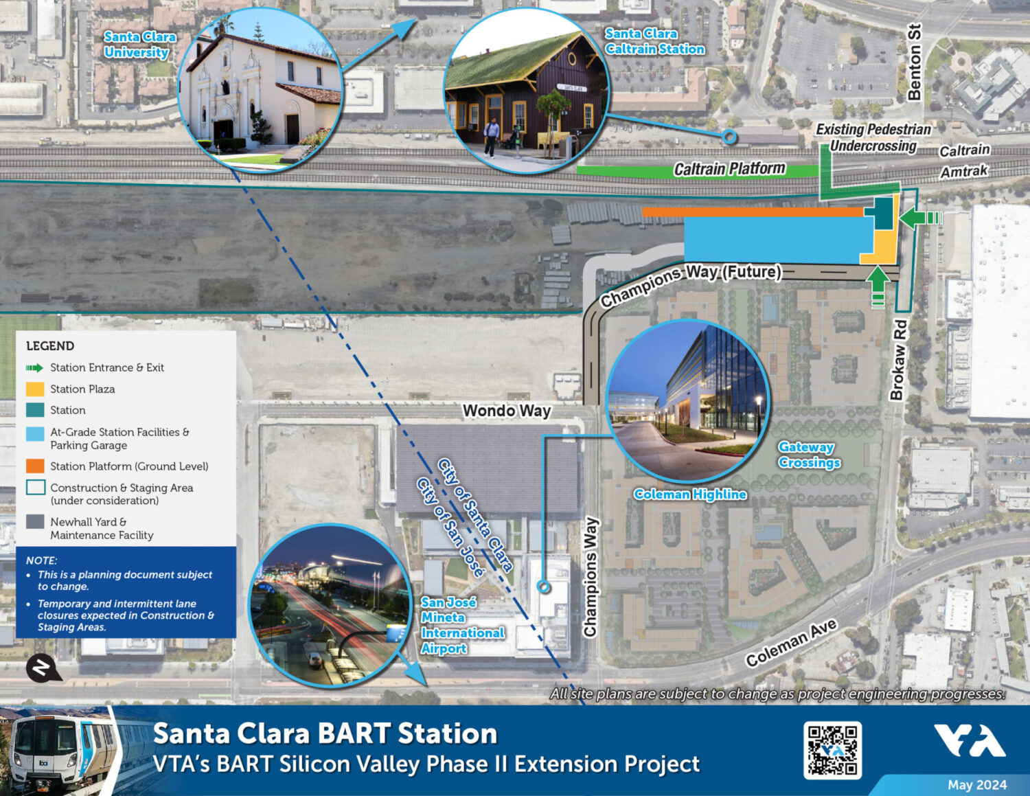 An aerial map of Santa Clara BART station showing several landmarks with a legend indicating current/future development.