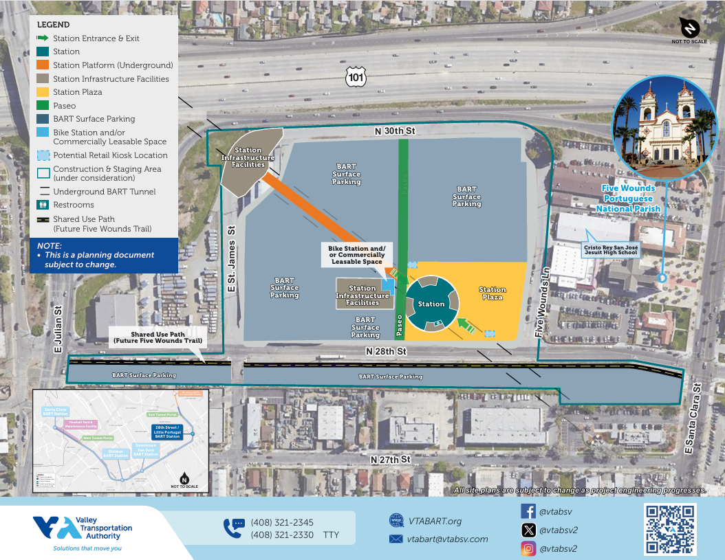 Site plan of the 28th Street/Little Portugal BART Station showing the station location, entrance, amenities, and nearby streets.