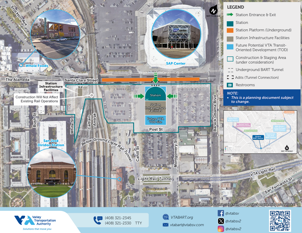 Site plan of the Diridon BART Station showing the station location, entrance, amenities, and nearby streets.
