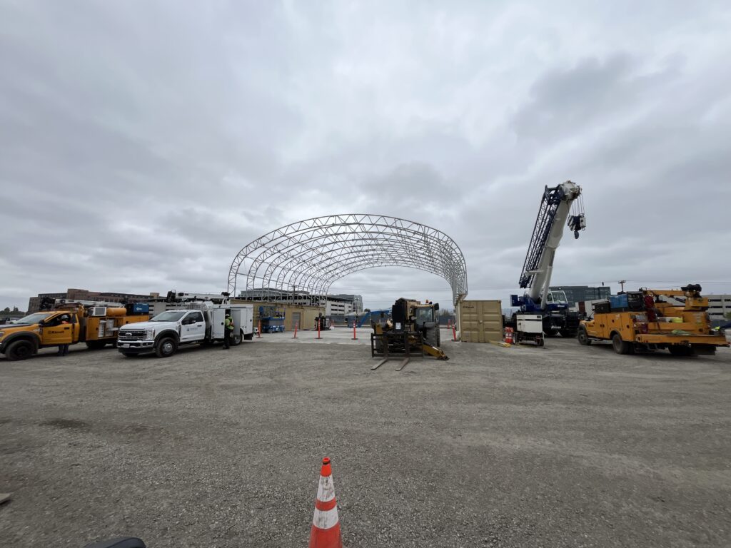 Building of the temporary maintenance facility to support construction operations.