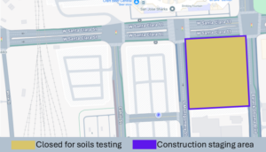 Map with large yellow rectangle imposed over a map to indicate a parking lot that will be closed at West Santa Clara St between SouthMontgomery Street and Barack Obama Boulevard.