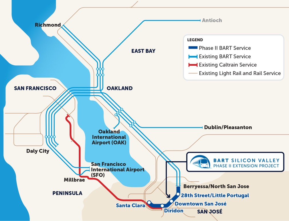 Map of VTA BART Extension Alignment that shows the project "ringing the Bay" with rail